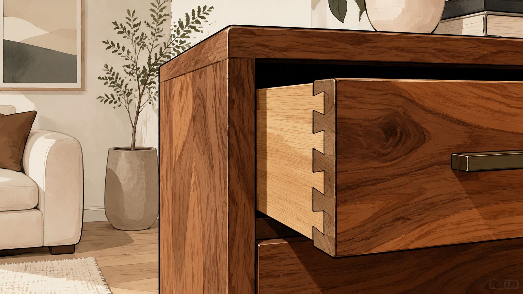 Close up view of a wooden dresser drawer showing intricate dovetail joinery in a bright living room.