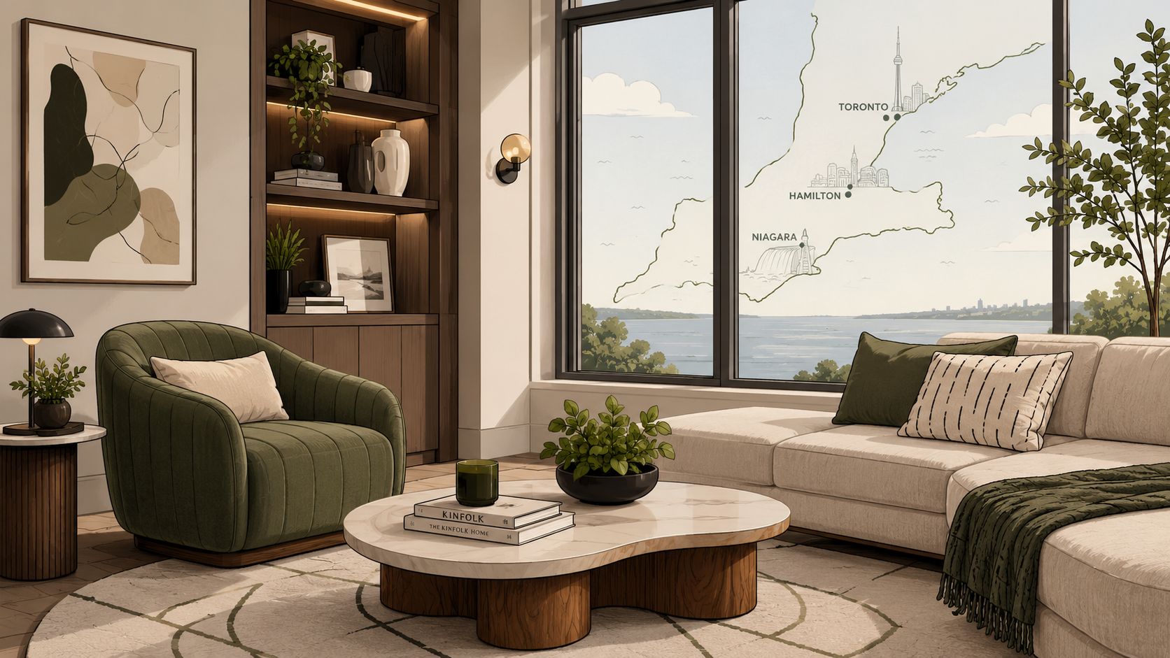 A luxurious modern living room with green furniture, warm lighting, and a view of a lakeside map illustration.