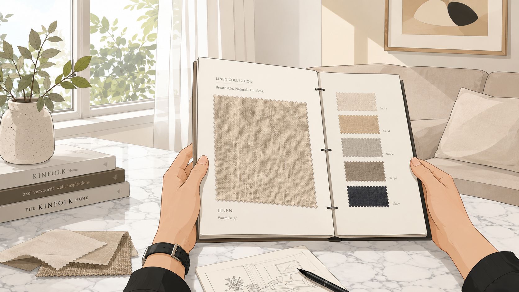 A person reviewing a fabric swatch book featuring linen color options for interior design upholstery projects.