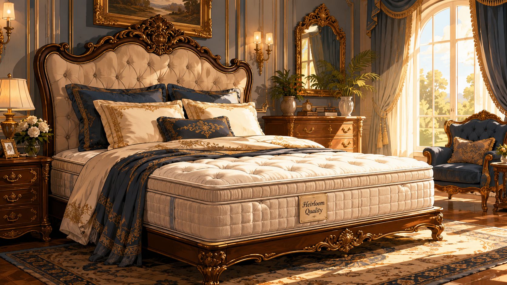 A luxurious bedroom featuring a premium mattress with an heirloom quality tag in a classic opulent setting.