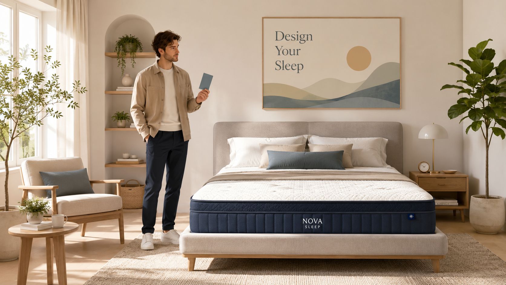 A man holding a blue swatch standing in a bright, modern bedroom with a comfortable nova mattress.