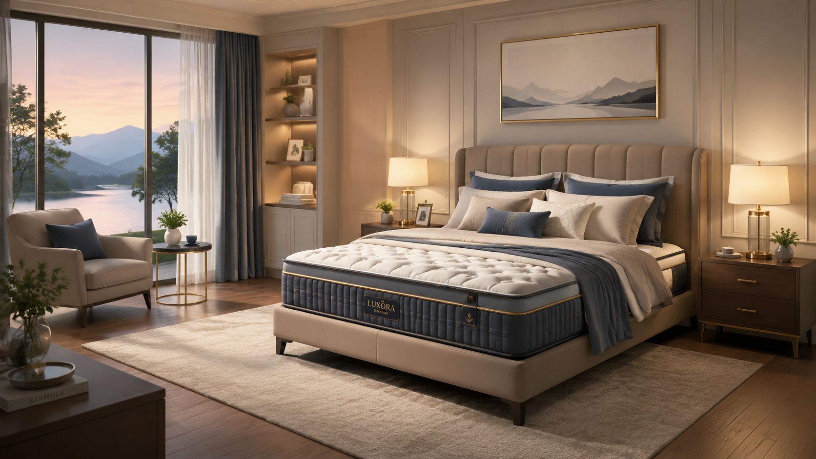 A luxurious bedroom featuring a premium mattress with elegant bedding and modern furniture overlooking a serene lake view.