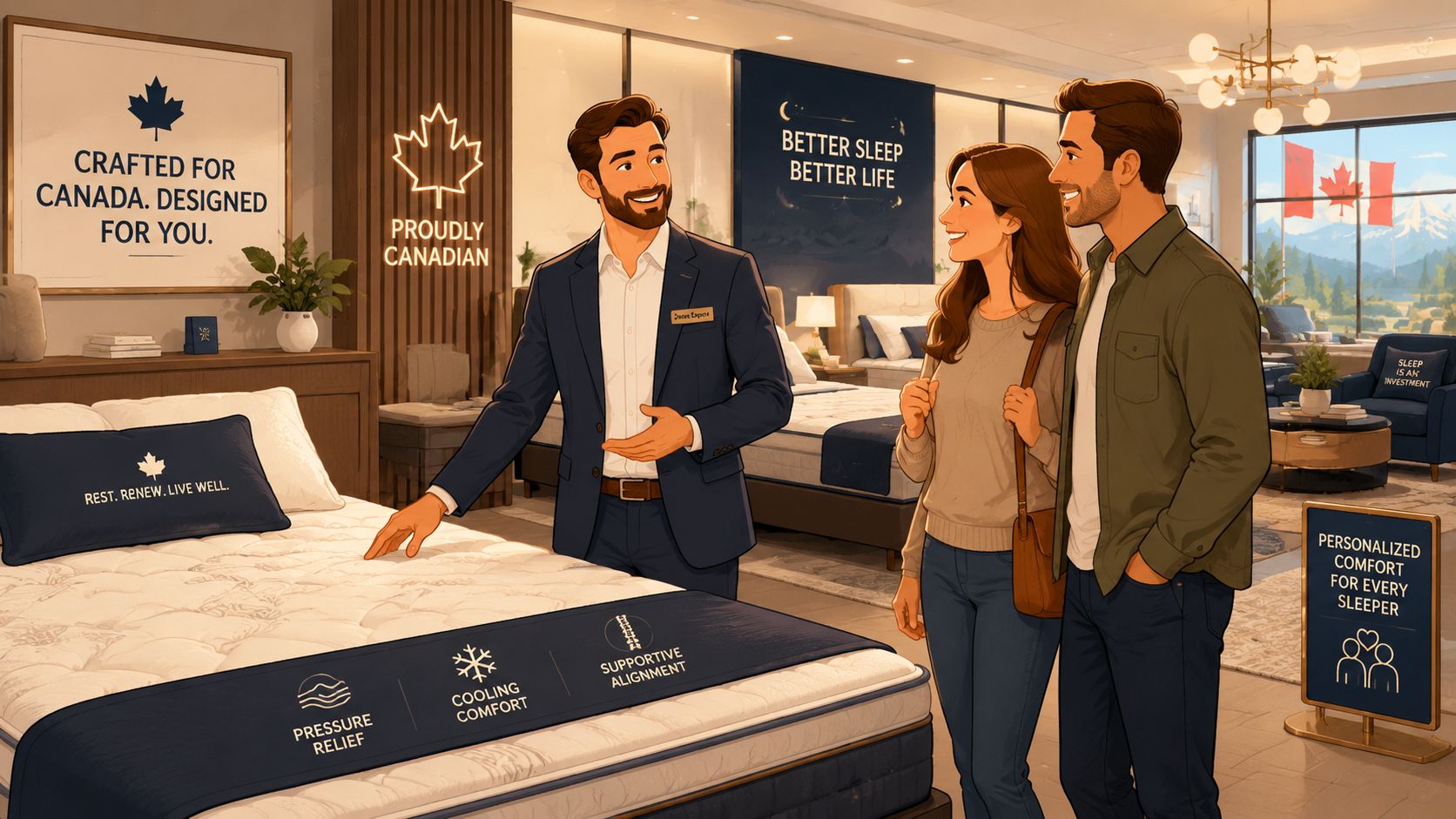 A friendly salesperson helps a couple choose a comfortable mattress in a Canadian-themed furniture store showroom.