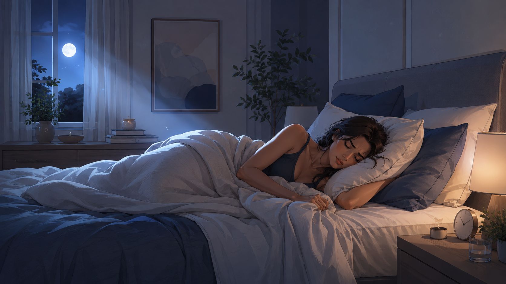 A young woman sleeping peacefully in her bed at night with moonlight streaming through the bedroom window.
