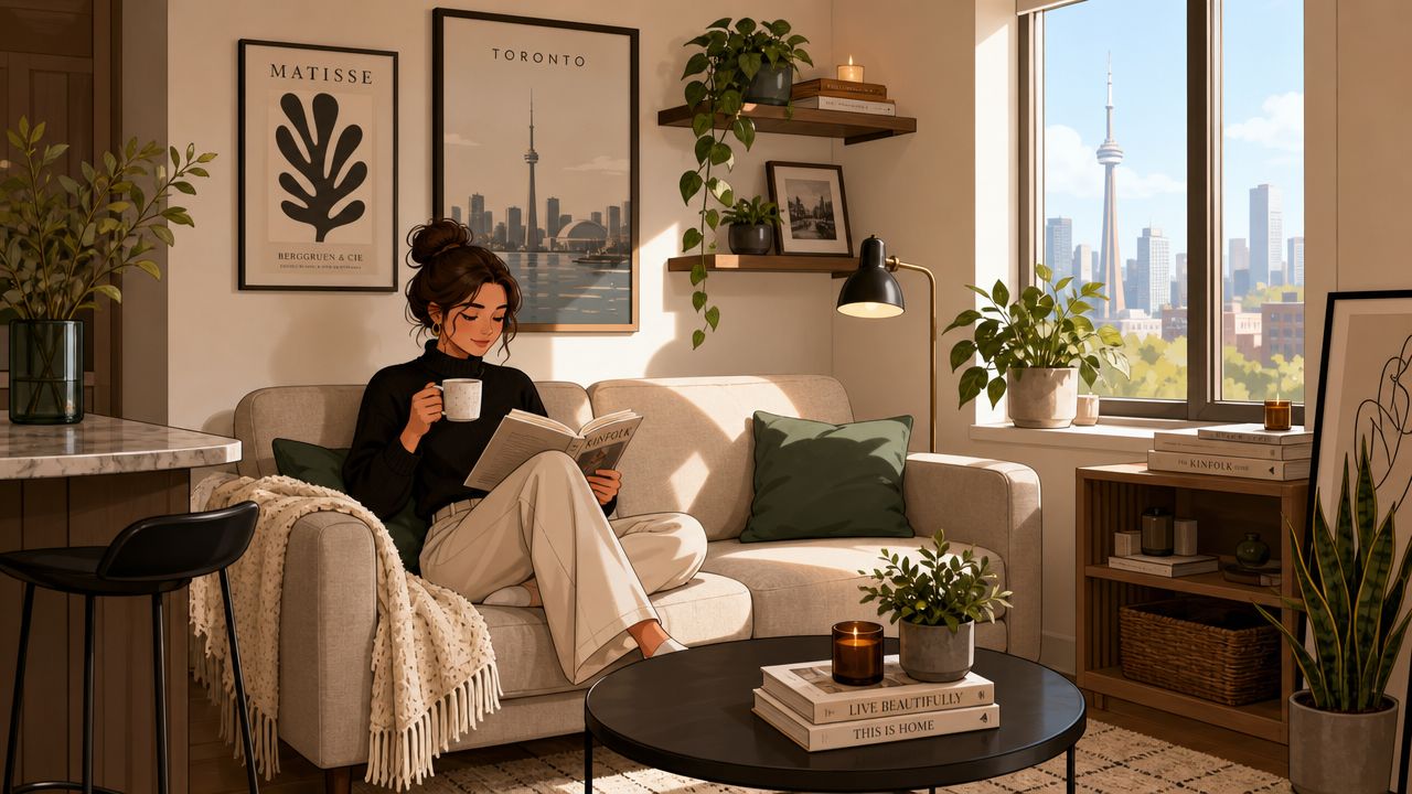 A woman relaxing on a cozy beige sofa in a sunlit living room with Toronto skyline views.