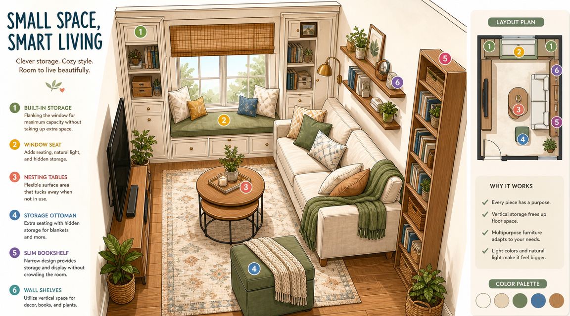 A cozy, well-organized living room layout featuring smart storage solutions like a window seat and shelving.