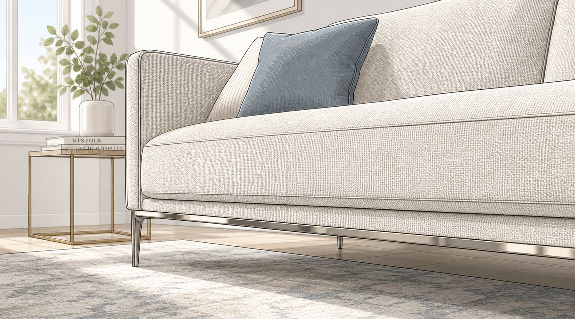 A minimalist light beige sofa with a blue pillow placed in a bright modern living room interior.