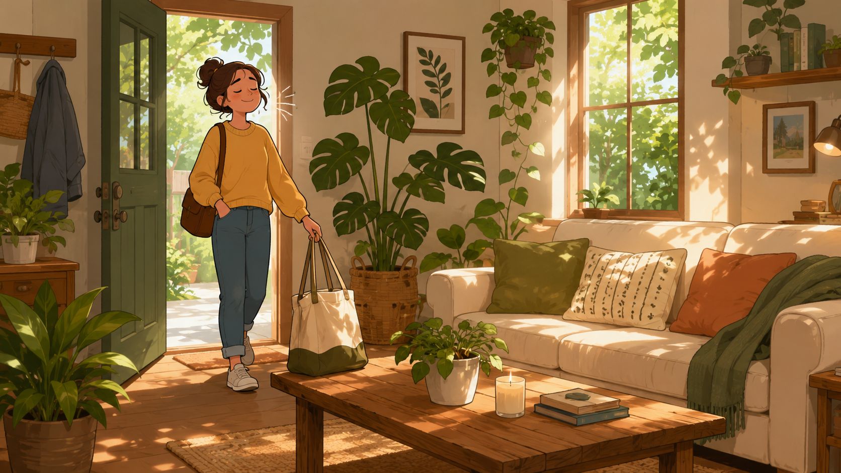 A woman carrying a tote bag enters a sunny, plant-filled living room with biophilic interior design elements.