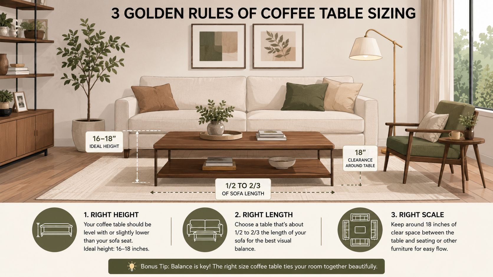 An infographic showing three golden rules for choosing the correct coffee table size for a living room.