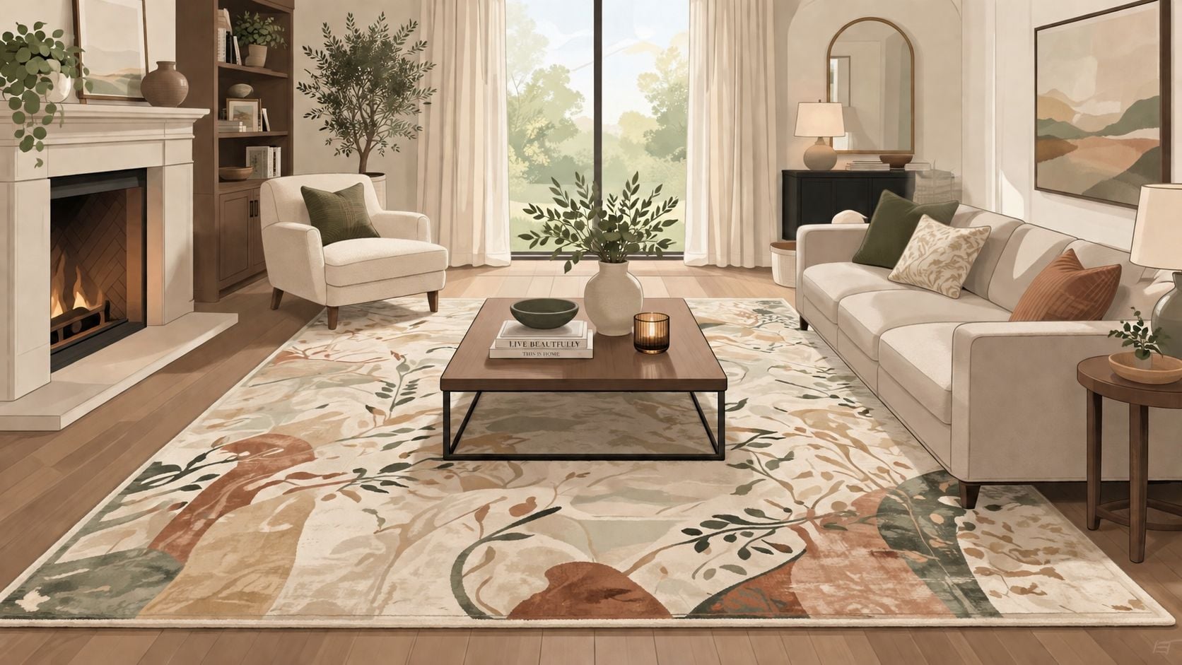 A cozy, sunlit living room featuring a modern coffee table centered on an artistic botanical area rug.