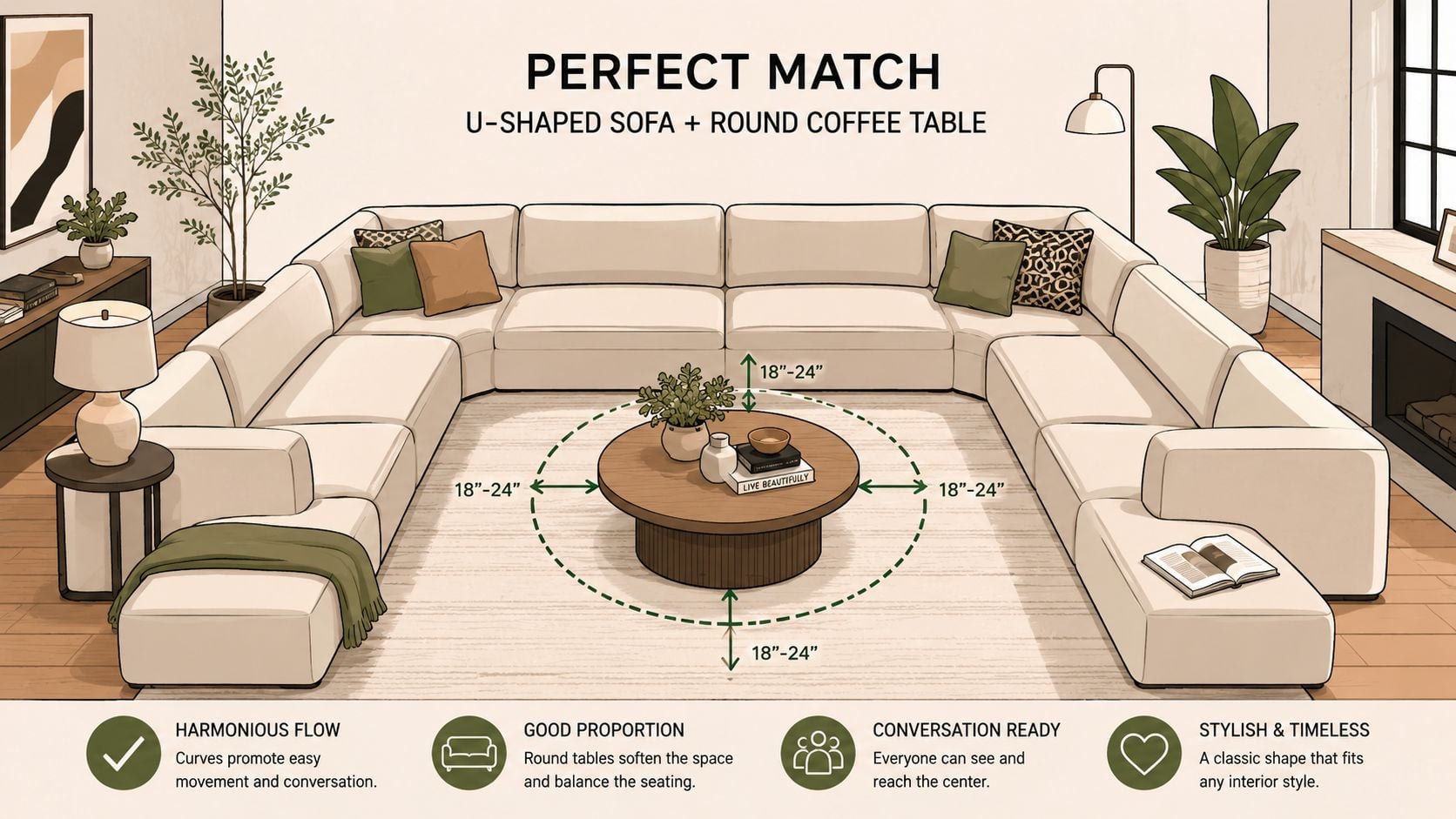An illustration demonstrating the ideal layout and spacing between a U-shaped sofa and a round coffee table.