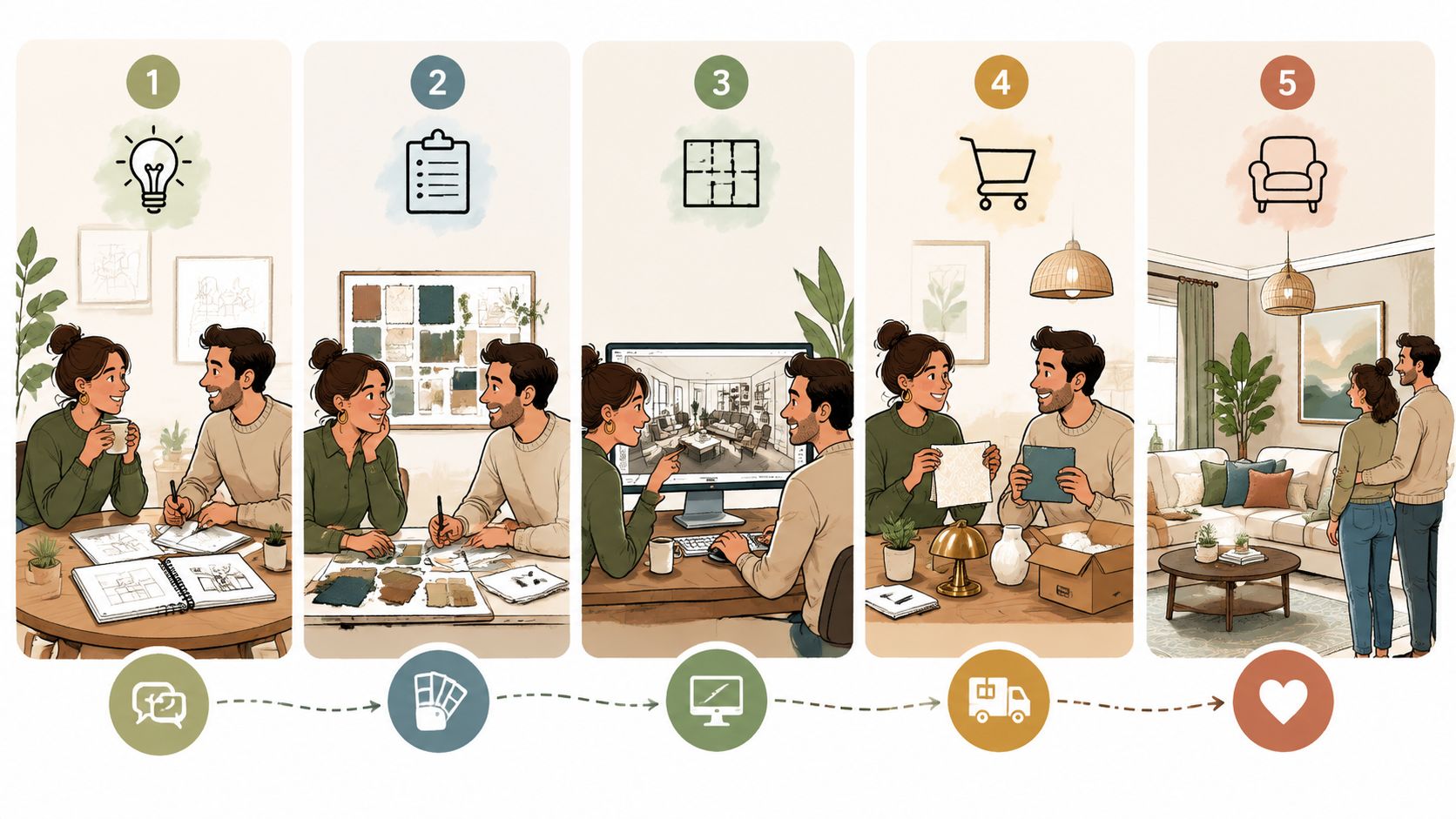 A couple working together on a collaborative design process for their home interior renovation project.