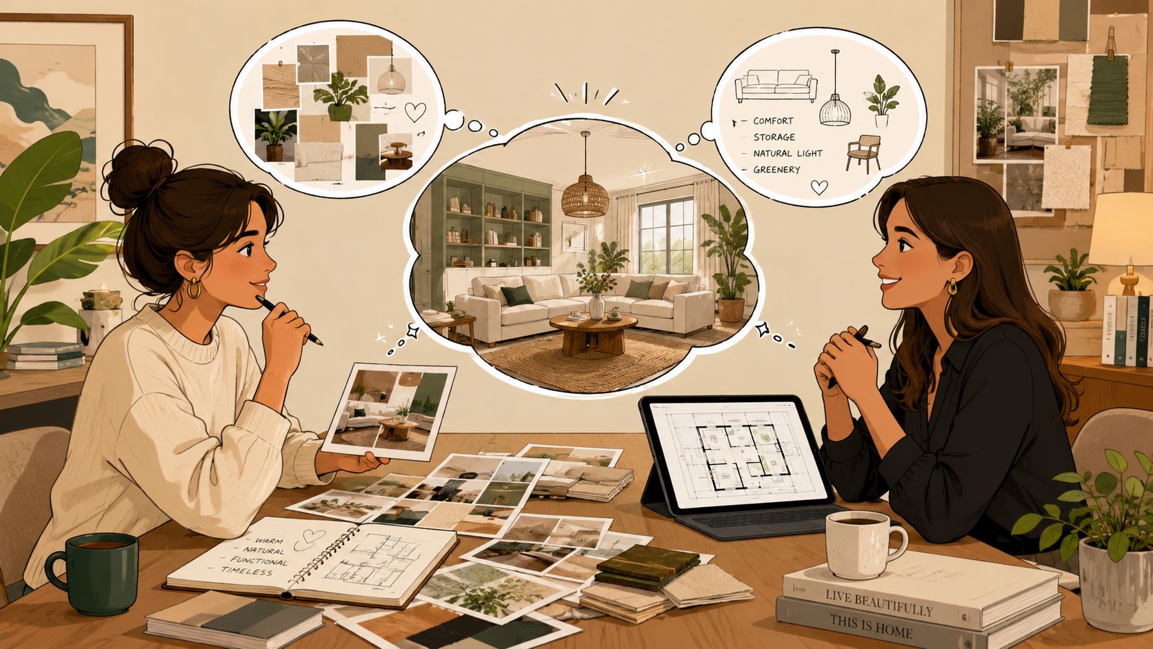 Two women designers collaborating on a home interior project while reviewing sketches and layout plans at a table.