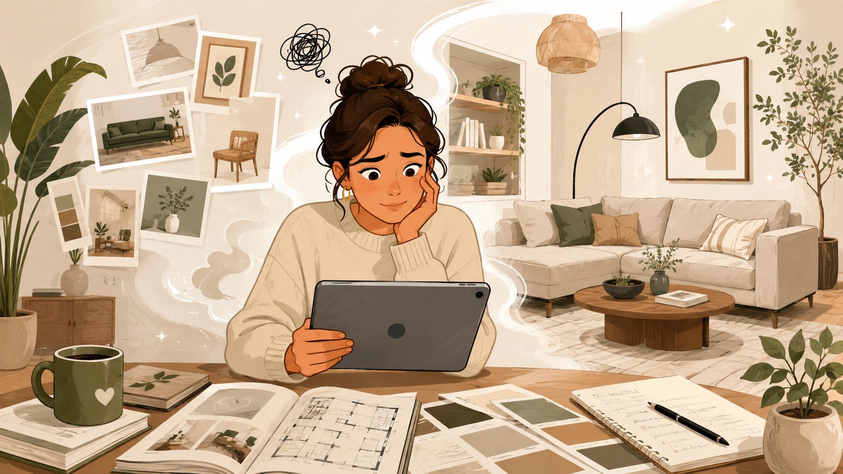 A woman looks at her tablet while planning her home interior design with sketches and color samples.
