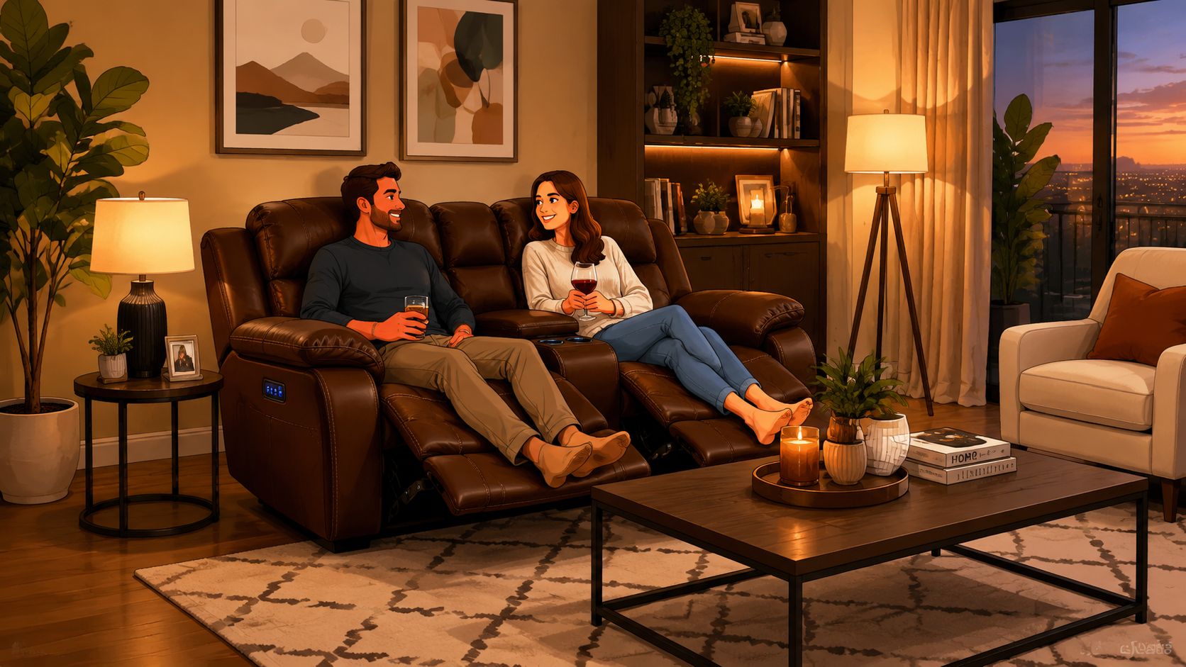 A happy couple relaxes on a leather power recliner sofa in a cozy living room at sunset.