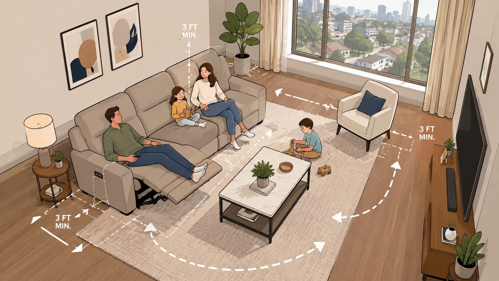 A family relaxes in a living room with a couch featuring power recliners and marked safety clearances.