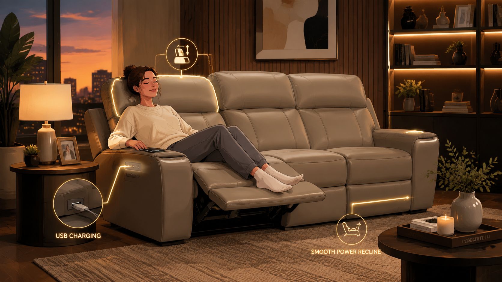 A woman relaxes on a comfortable grey power reclining couch with built-in USB charging ports in a living room.