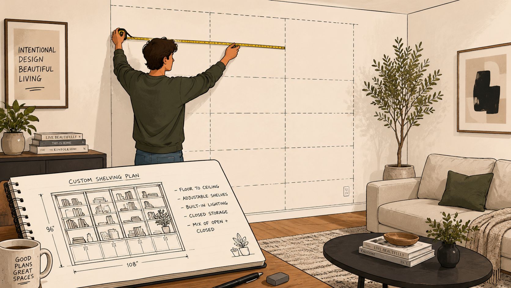 A person using a measuring tape on a wall to plan for custom built-in shelving.