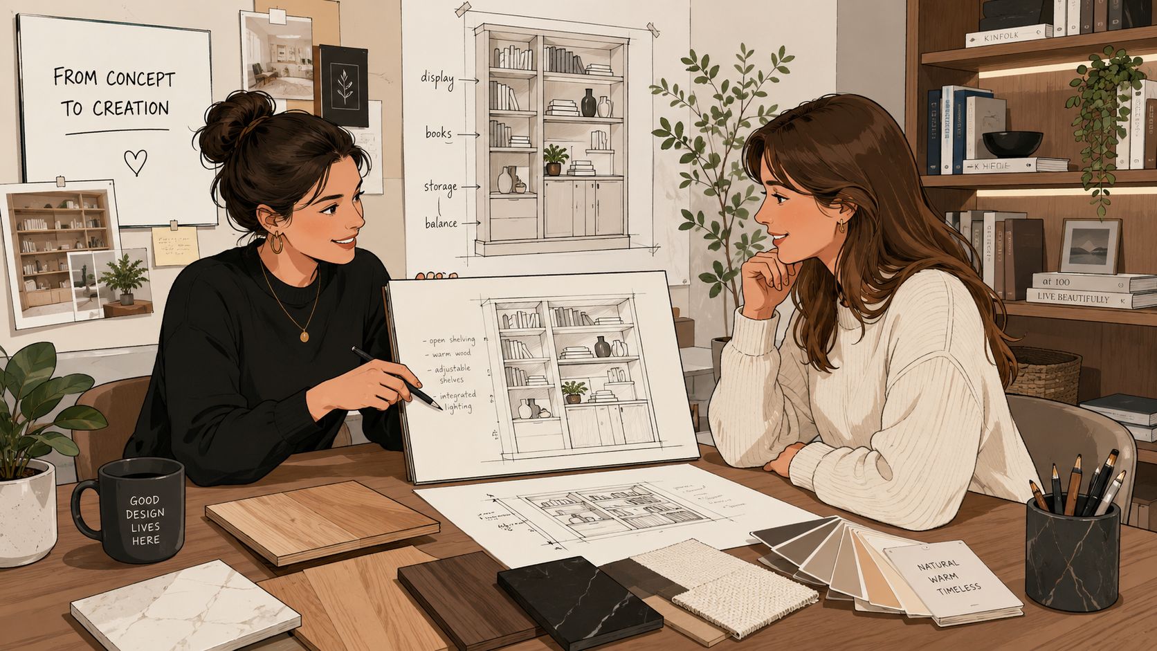 Two professional interior designers discussing a custom book shelving sketch over samples in a creative studio.
