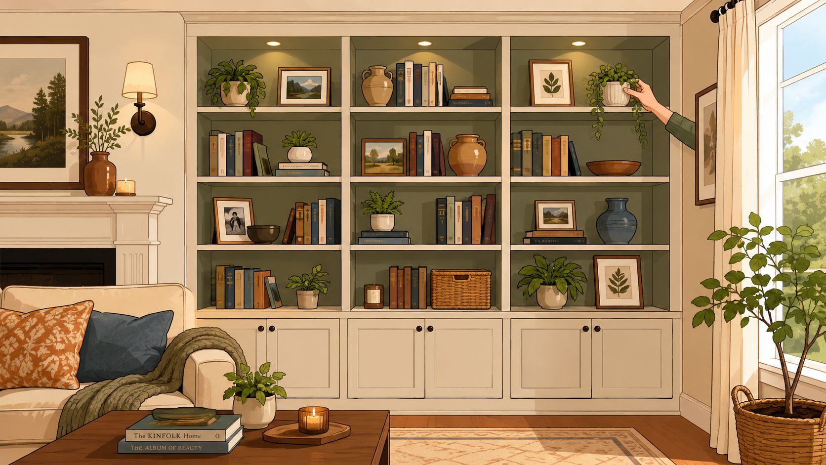A cozy, sunlit living room featuring custom book shelving decorated with indoor plants, art, and books.