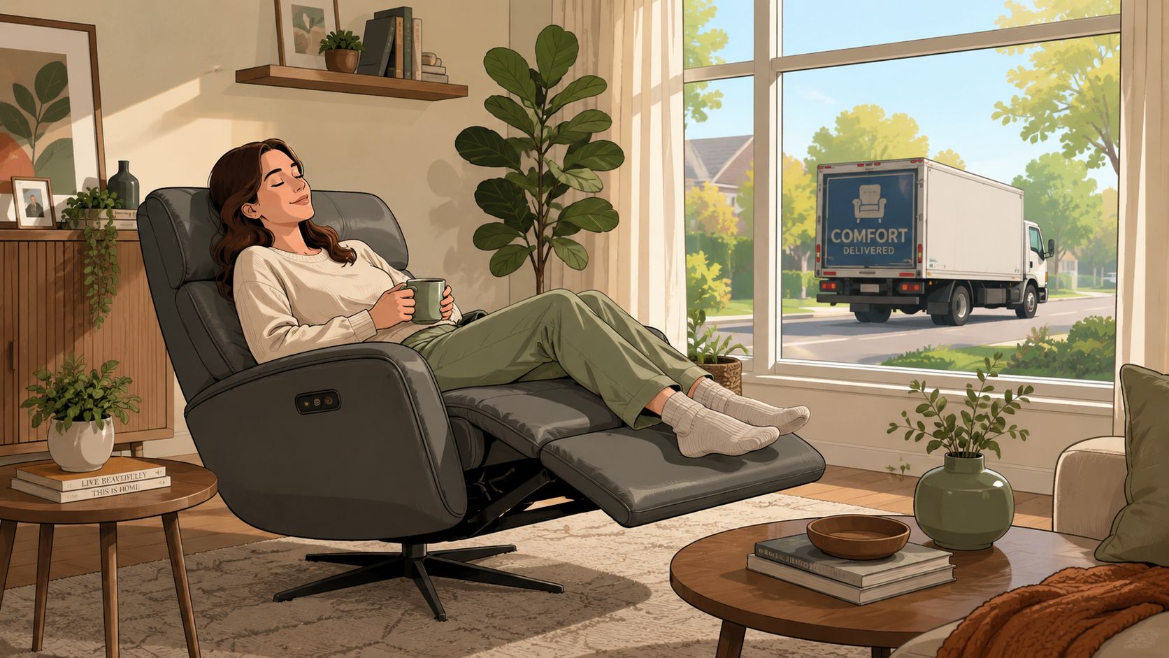 A woman relaxes in a comfortable recliner chair while a furniture delivery truck arrives outside her window.