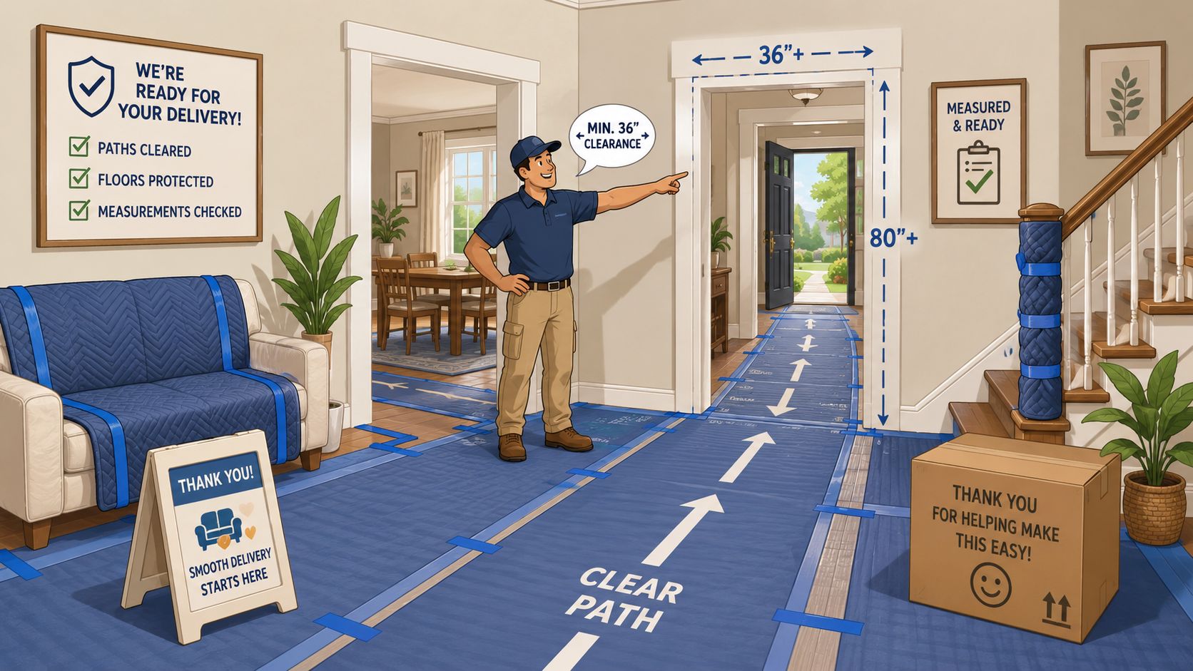 A professional delivery person gesturing toward a cleared entryway, ensuring a smooth furniture delivery experience.