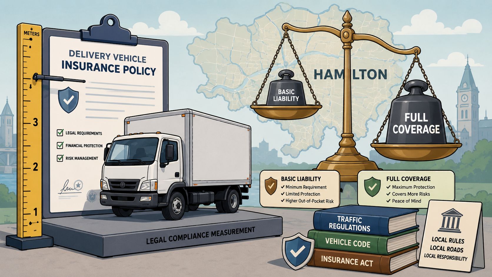 An illustration comparing basic liability versus full coverage delivery vehicle insurance policies in Hamilton, Ontario.