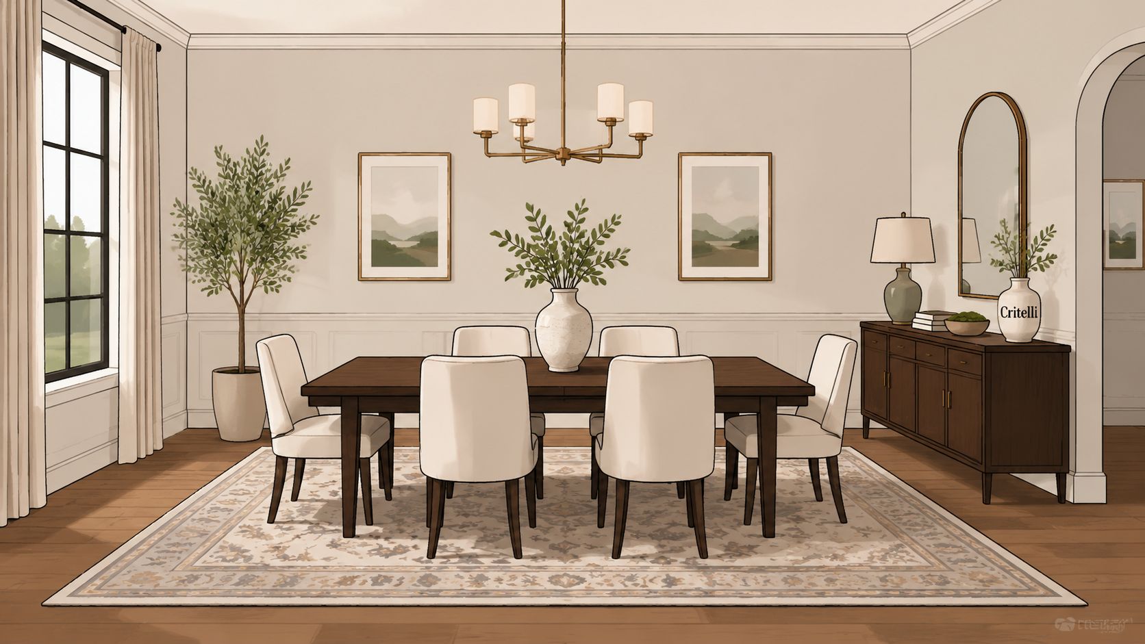 A modern neutral dining room featuring a dark wood table, upholstered chairs, and a patterned area rug.