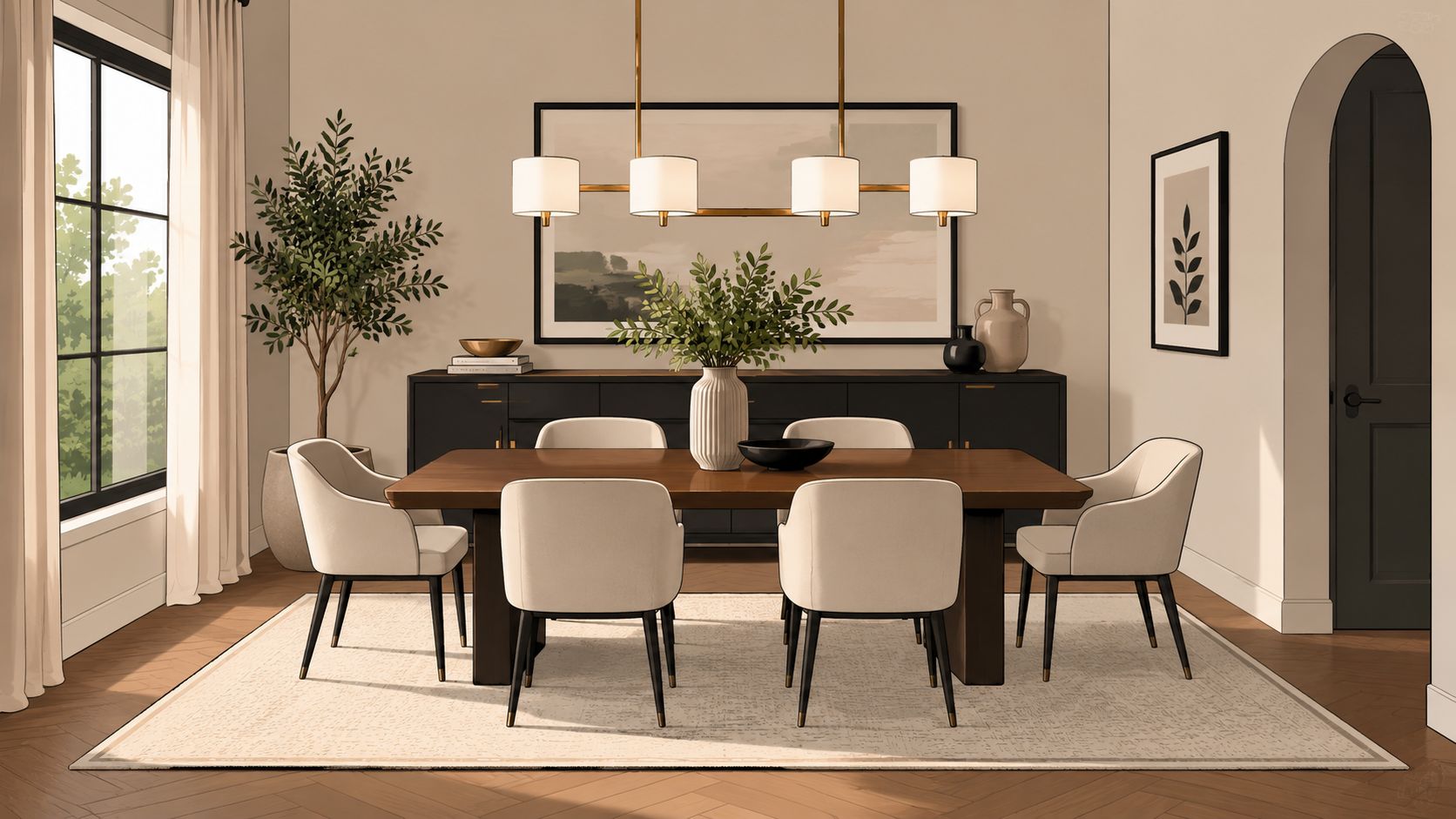 A modern dining room featuring a wooden table, cream chairs, and a large area rug on floor.