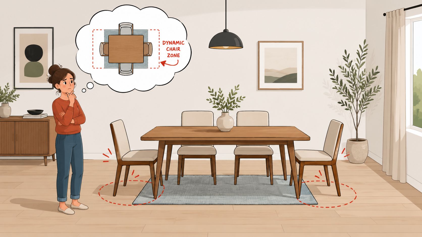 A woman thinking about the proper size of a dining room rug for her table and chairs.