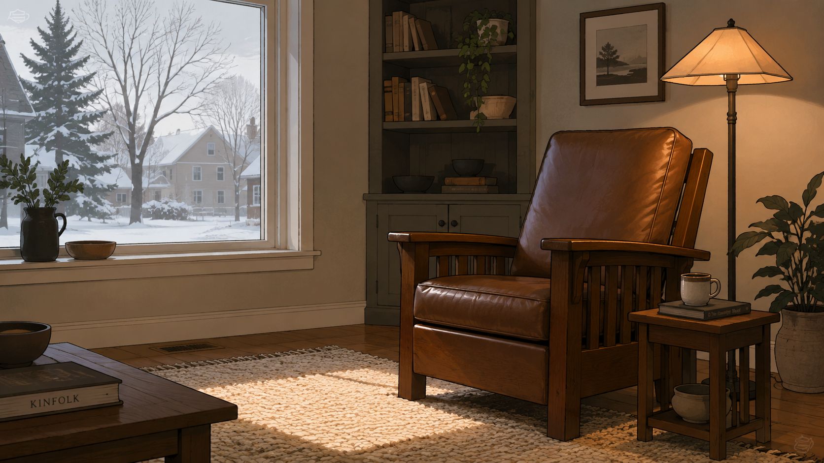 A cozy reading nook with a leather armchair, a glowing lamp, and a view of snowy houses.