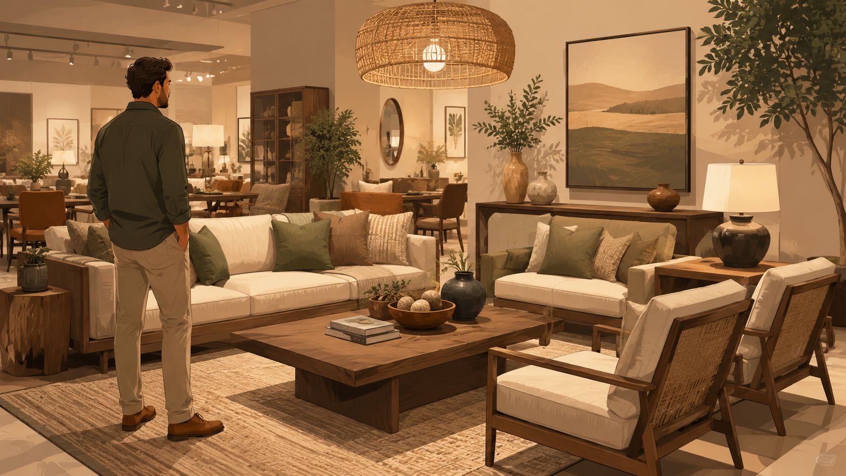 A man standing in a modern furniture store showroom decorated with warm earth tone color palettes.