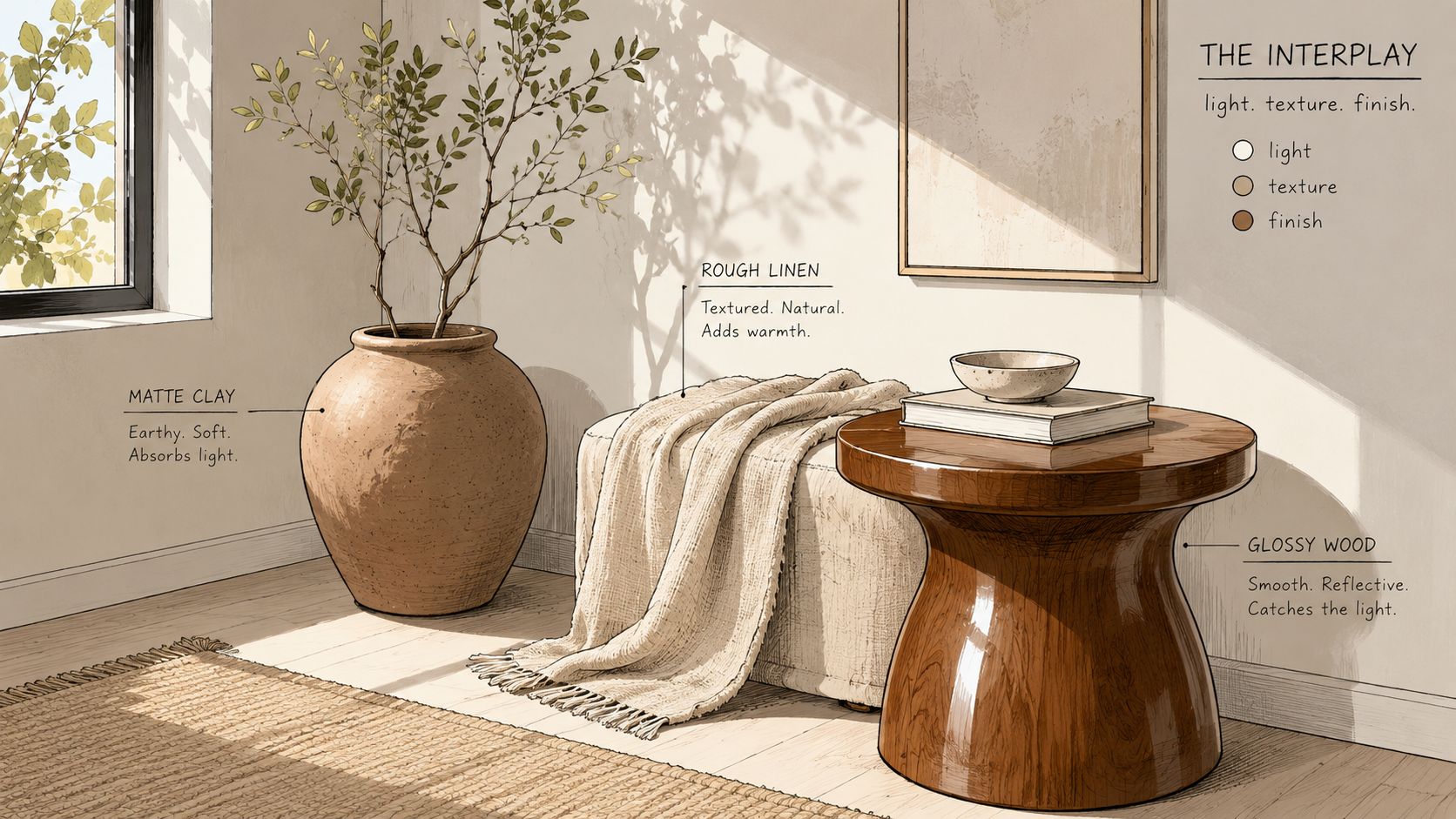 A room corner featuring natural earth-toned furniture including a clay pot, linen blanket, and wooden table.