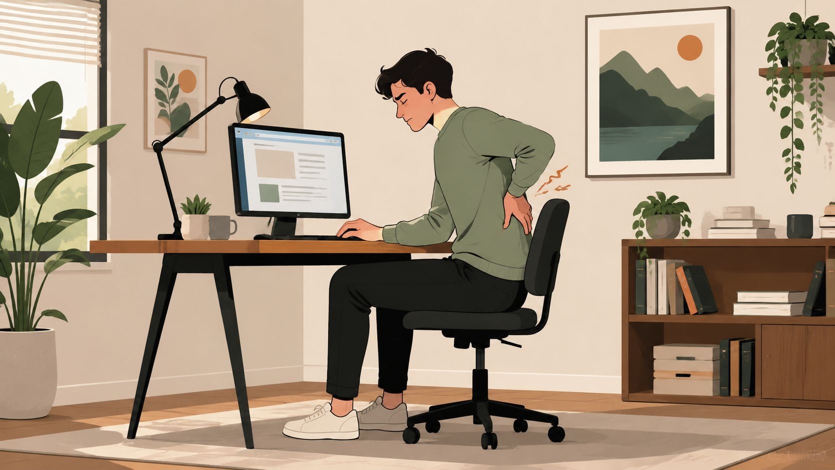 A young man sitting at a desk with poor posture experiencing sharp back pain while working.