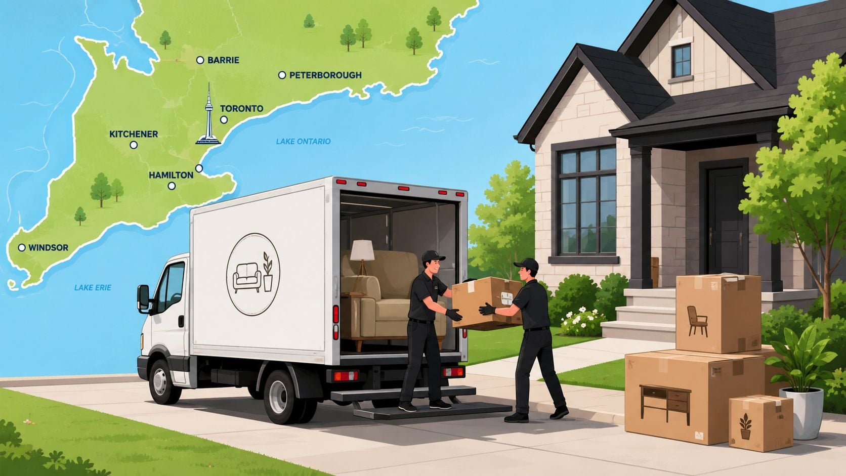 Two professional movers unloading furniture and cardboard boxes from a moving truck in front of a house.