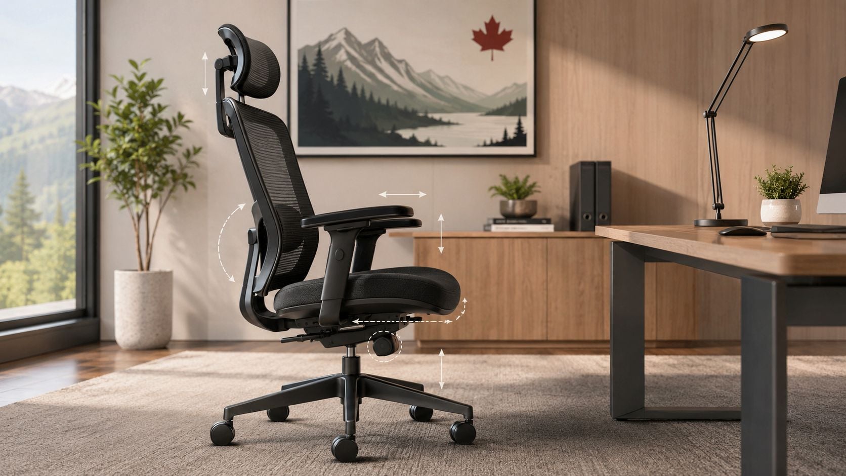 A modern black mesh ergonomic office chair shown in a stylish home office with Canadian decor.