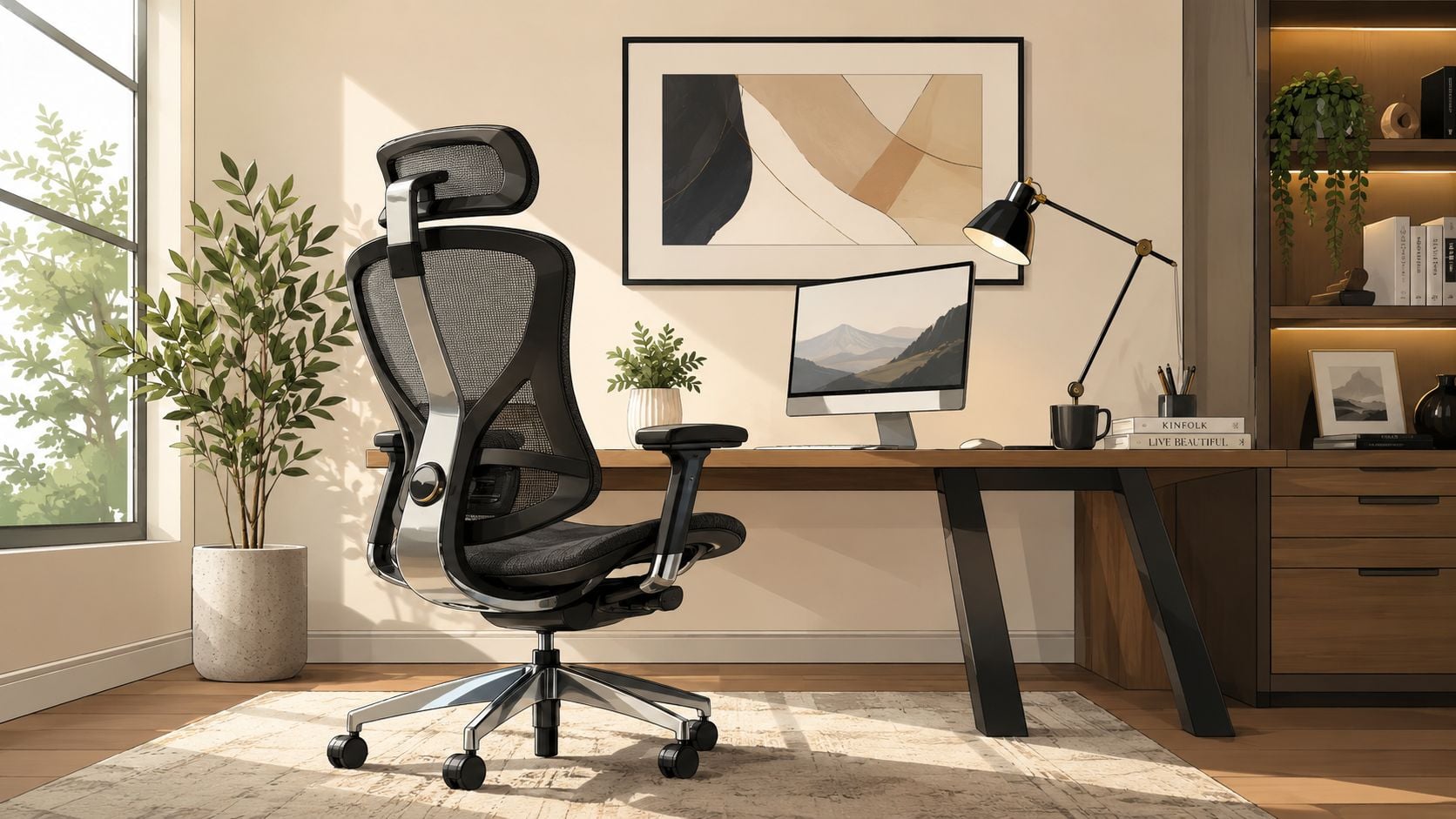 A modern home office featuring an ergonomic mesh office chair facing a clean wooden desk with monitor.