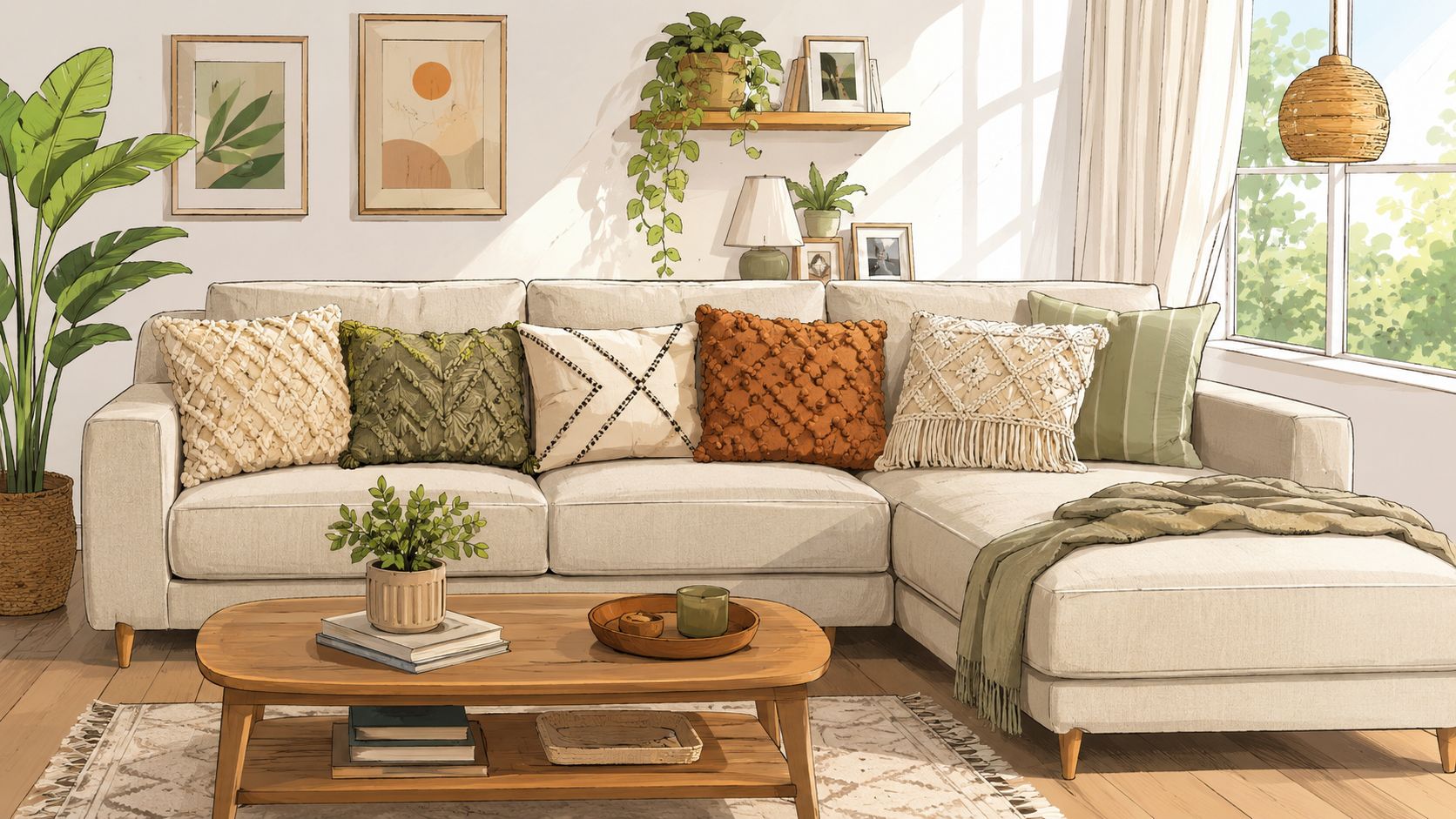 A cozy, sunlit living room featuring a cream sectional sofa with decorative pillows, indoor plants, and wooden furniture.