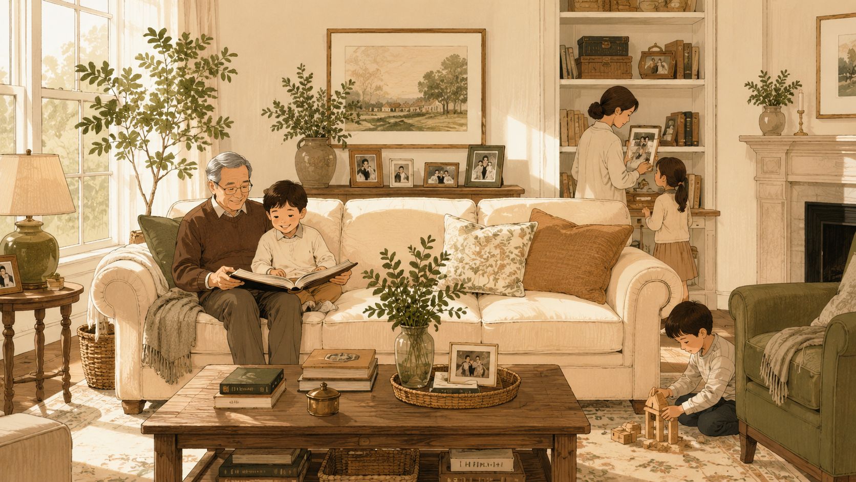 An Asian grandfather reading a book to his grandson on a sofa in a cozy living room.