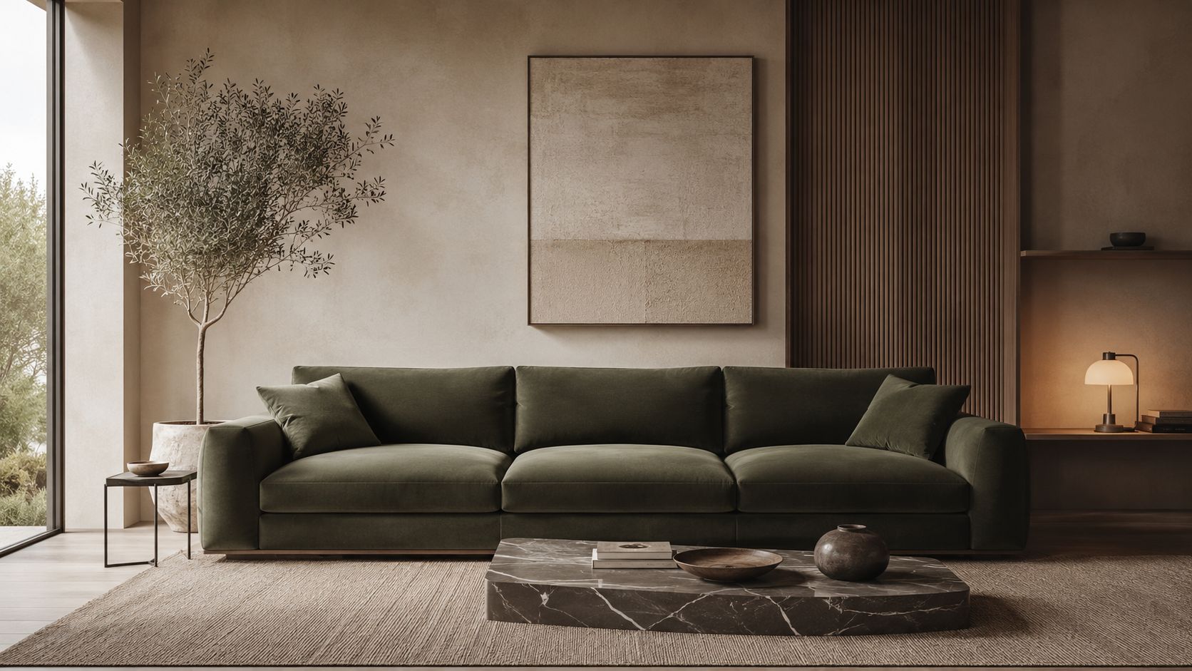A modern minimalist living room featuring a plush dark green fabric sofa and elegant marble coffee table.