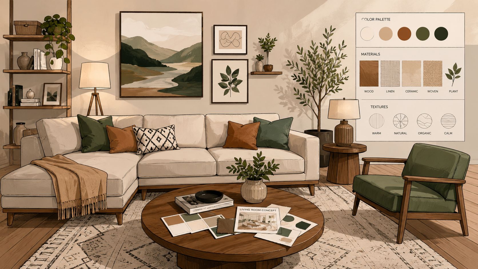 A modern living room design featuring a beige sofa, green armchair, and a wood coffee table.