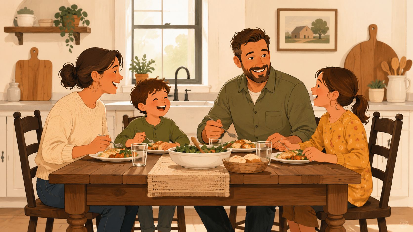 A happy family of four eating dinner together at a rustic wooden table in a farmhouse kitchen.