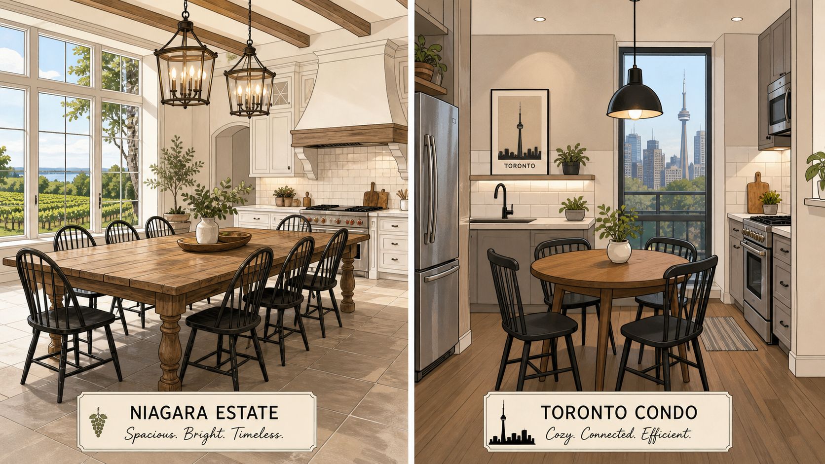 A split image comparing a large farmhouse kitchen table in a Niagara estate and a condo kitchen table.