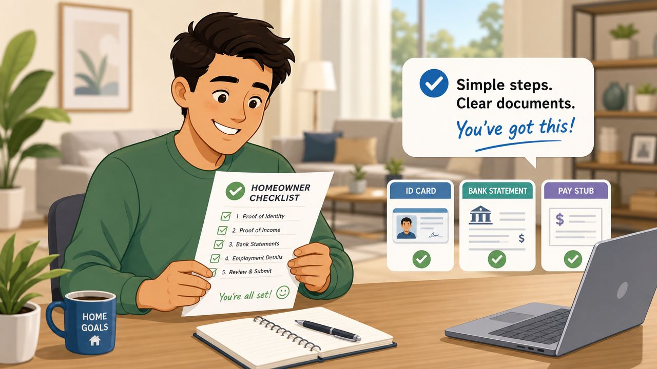 A happy person holding a homeowner checklist with required documents displayed for an easy application process.