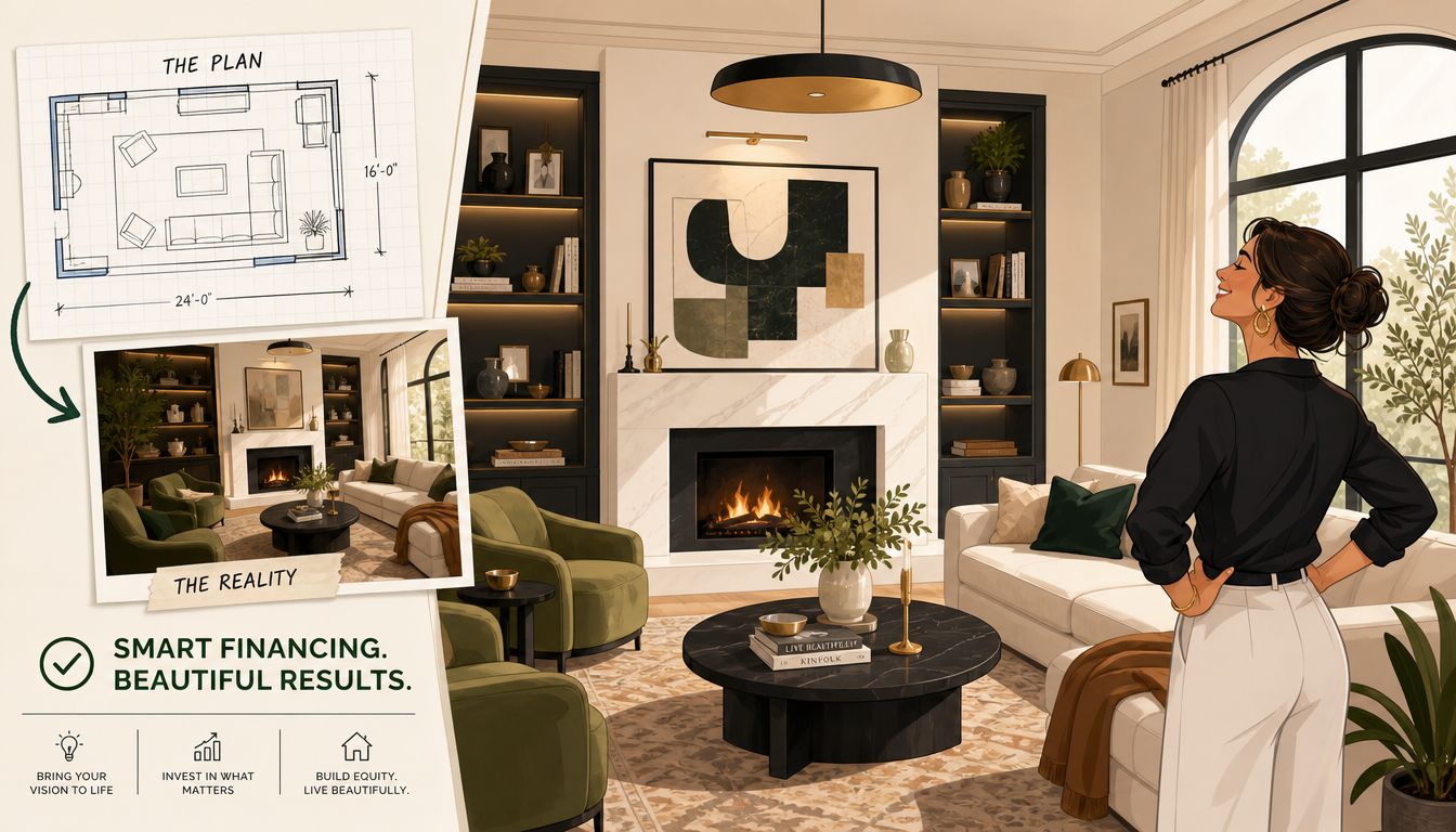 A woman admiring her stylish, newly furnished living room with a fireplace and modern design.