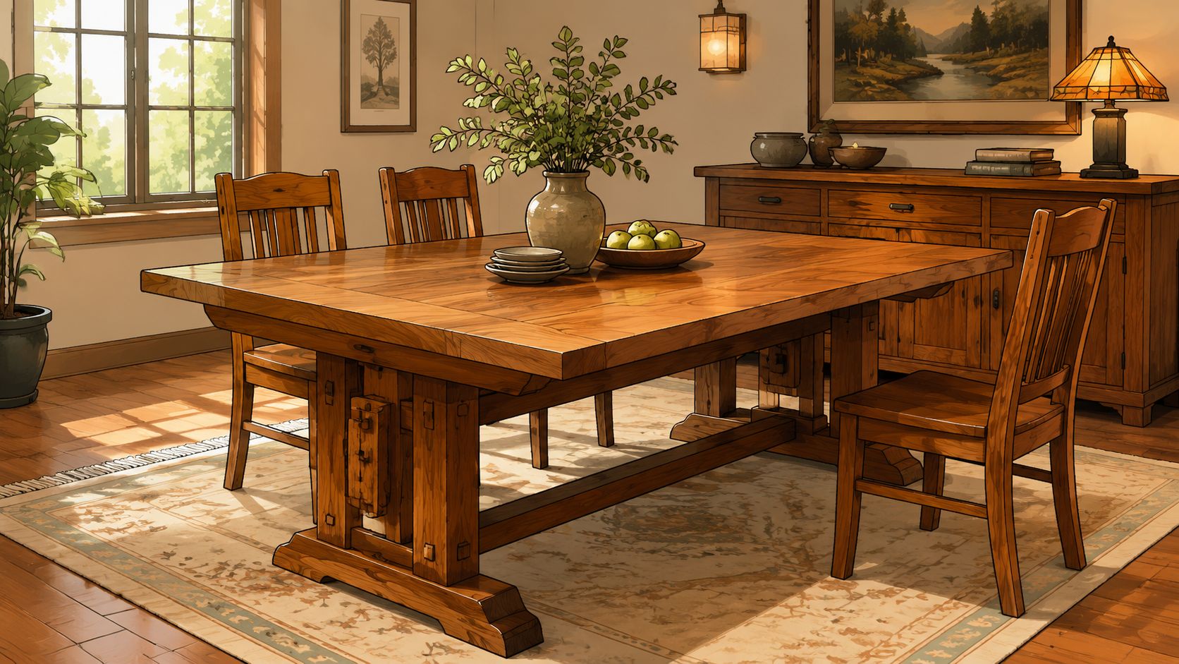 A warm and inviting dining room featuring a sturdy oak trestle table and matching wooden spindle chairs.