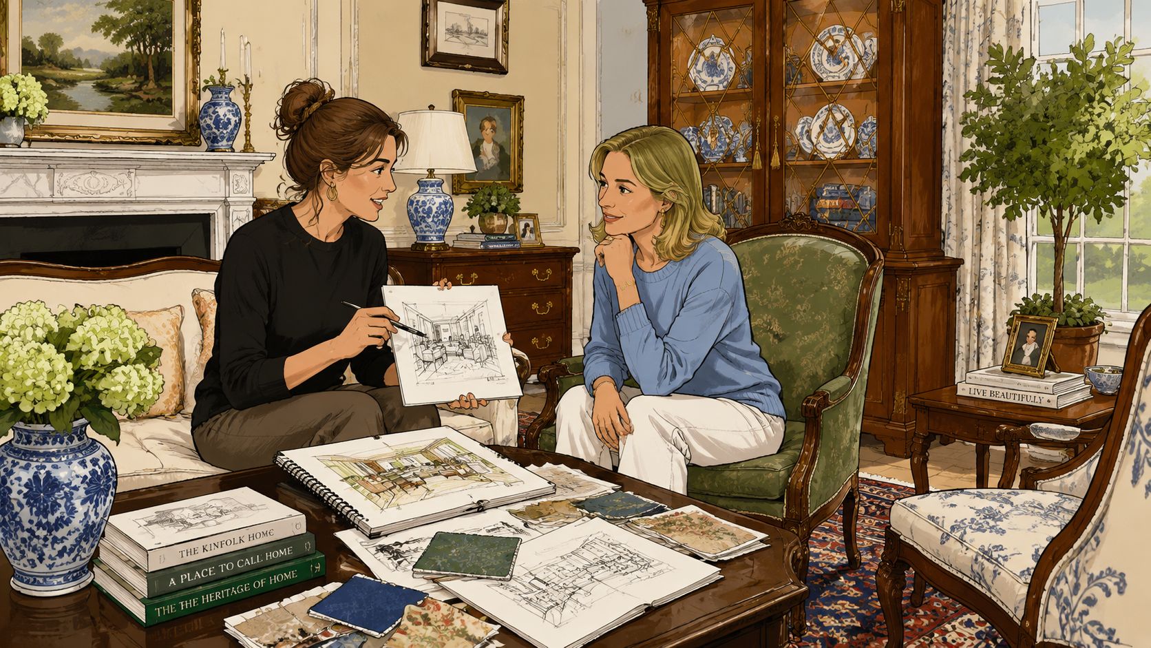 Two women collaborating on an interior design project, holding sketches in a traditionally styled living room setting.
