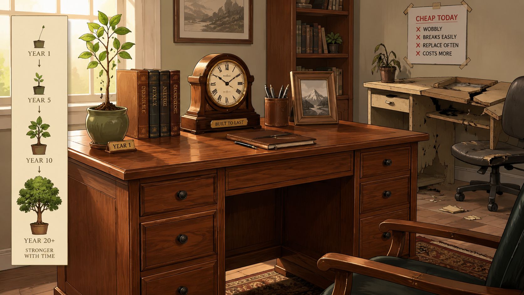 A solid wooden desk and a vintage clock symbolizing heirloom quality furniture and long-term durability.