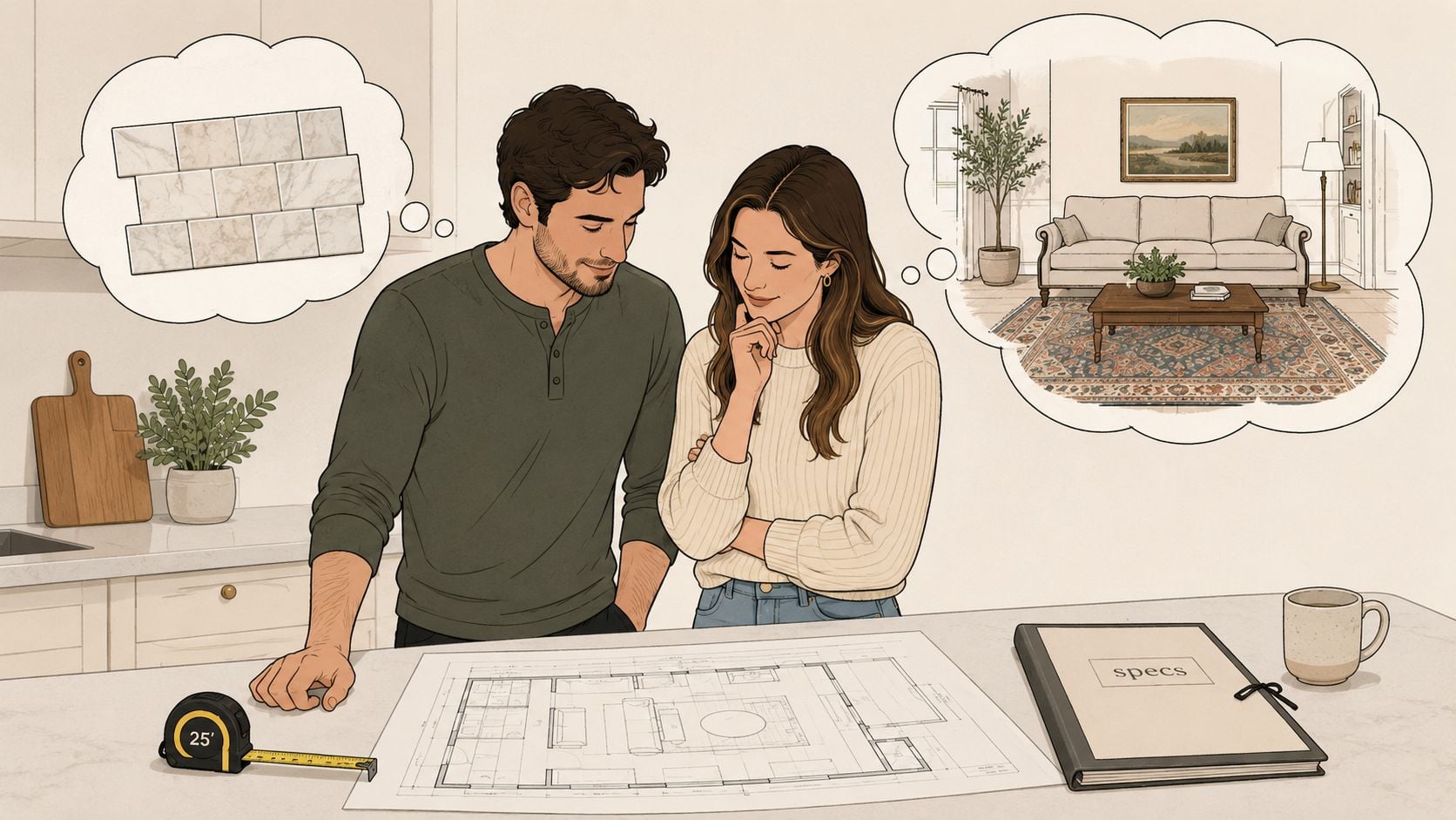 A couple planning a home renovation project while reviewing building blueprints and measuring tape on a counter.