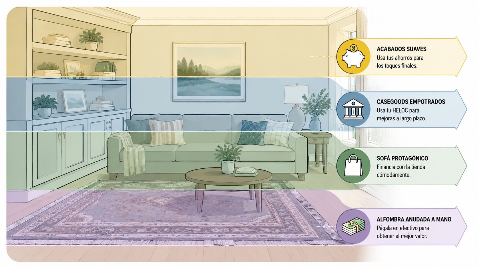 An infographic illustrating various home furniture items and strategic financing options for each renovation project.